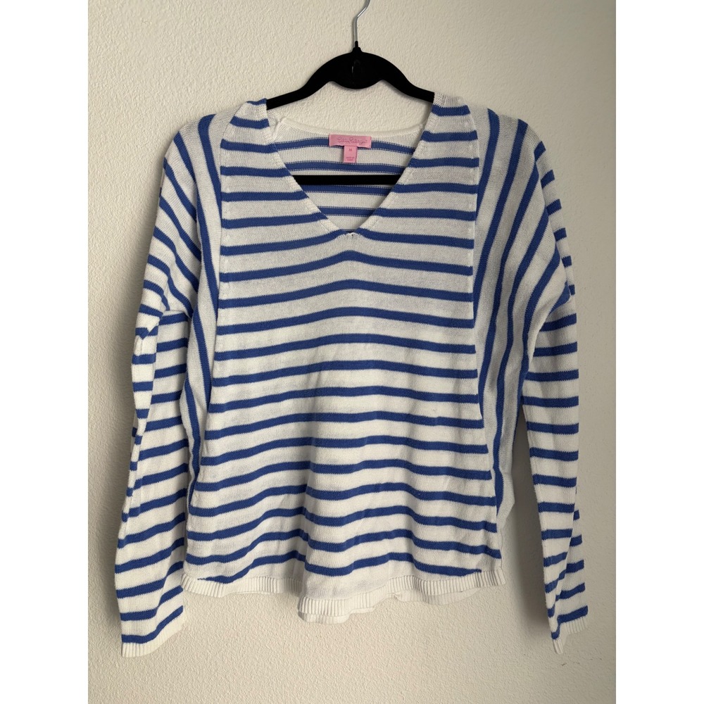 Lilly Pulitzer Womens‎ Blue White Striped V-Neck Knit Sweater Size Medium